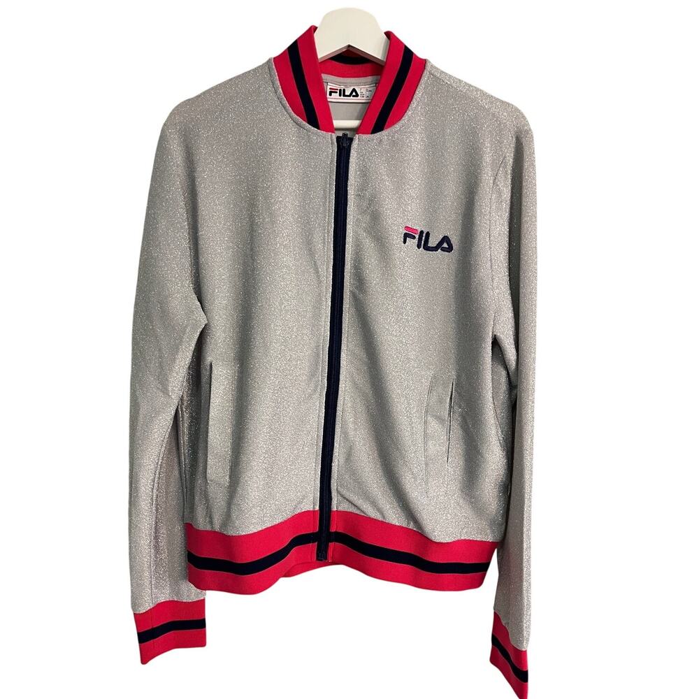 Fila Glitter Metallic Limited Edition Zip Jacket Pink Trim Logo Athletic L Retro